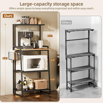 Bakers Rack with Foldable Basket, Large 4 Tiers Coffee Bar Station, Kitchen - Image 3