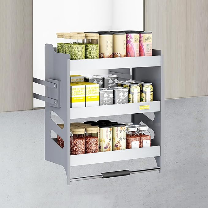 Heavy-Duty 3-Tier Pull Down Kitchen Shelf, Metal Dish & Spice Rack System by Unknown