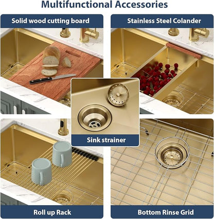 Lordear Gold Undermount Kitchen Sink 33" x 19" Stainless Steel Sinks 16 Gauge - Image 6