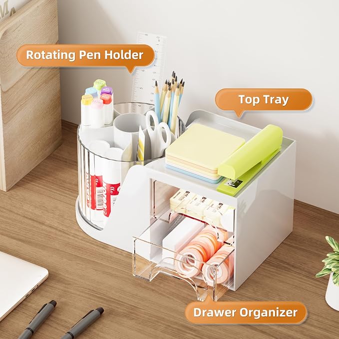 Marbrasse Desk Organizer with 2 Drawer, 360°Rotating Pen Holder, Desk - Image 2