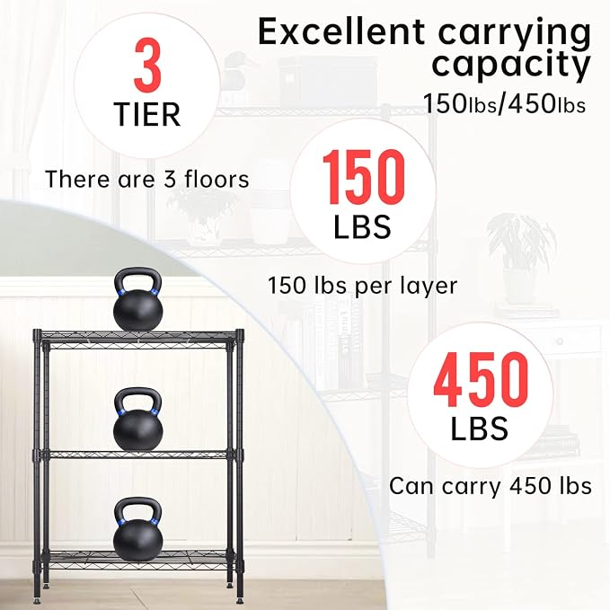 BestOffice | 3-Tier Wire Shelf | 23" x 13.2" x 30.2" | Black | Storage Shelves - Image 4