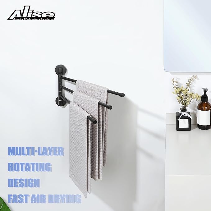 Alise 3 Arm Swivel Towel Rack, Matte Black Swivel Out Towel Bar, 13.86 Inch | - Image 4