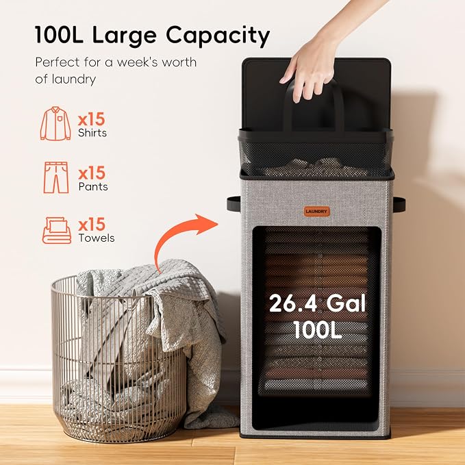 100L Laundry Hamper with Lid, Large Clothes Hampers with Removable Bag - Image 3