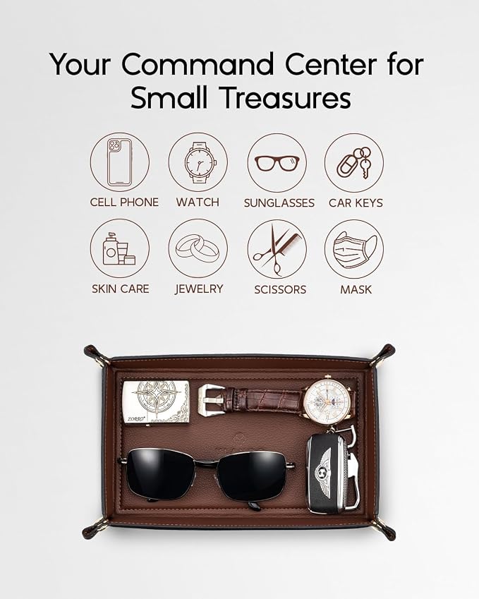 VLANDO Valet Tray for Men, Foldable PU Leather Catchall, Mocha Brown | Travel - Image 2