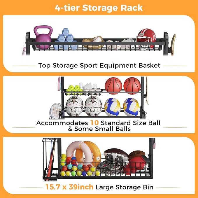 VOPEAK Oversized Sports Equipment Organizer, 4 Layers Rolling Ball Storage Rack - Image 5