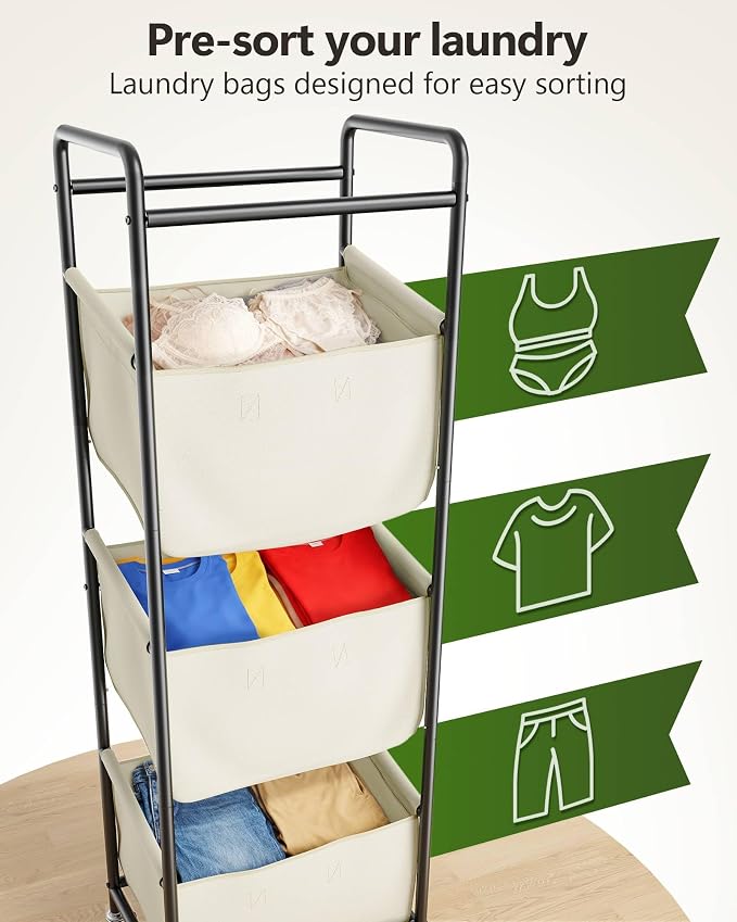 3 Section Laundry Sorter with Removable Bags, 120L Rolling Vertical Laundry - Image 2