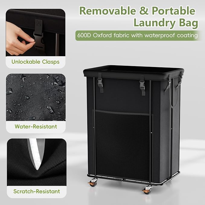 200L Laundry Hamper with Wheels, Rolling Laundry Basket with Metal Frame and - Image 6