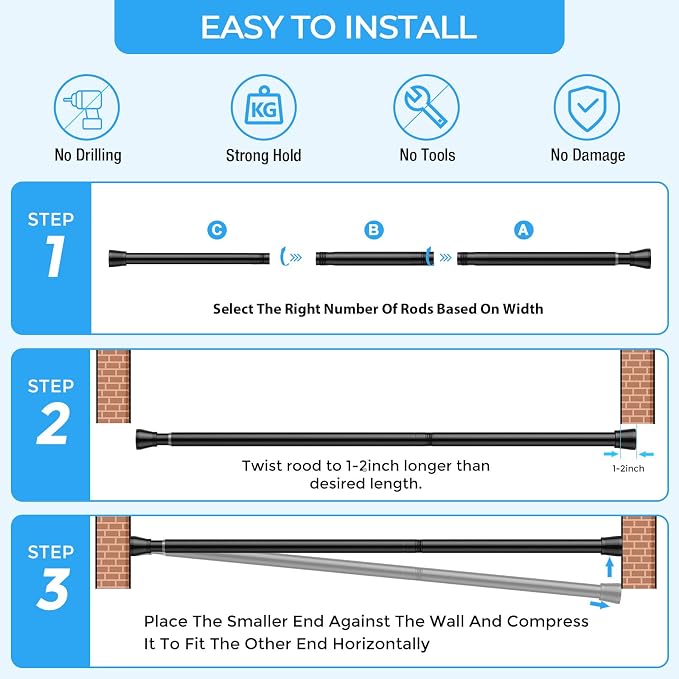 AIZESI 2PCS Tension Curtain Rod 16-26 Inch Adjustable No Drilling, No Slip - Image 6