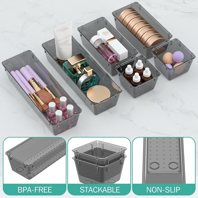 WOWBOX 6 Pack Clear Drawer Organizer Set, Acrylic Drawer Storage Trays - Image 3