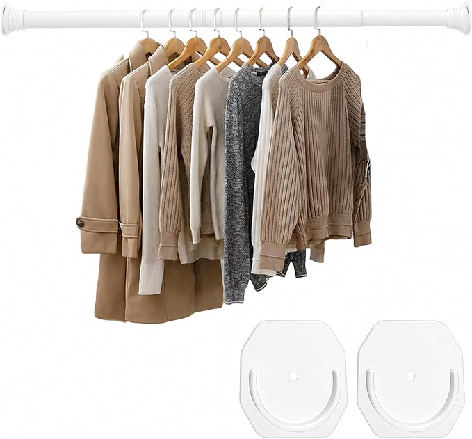 No Drilling Closet Rods for Hanging Clothes, Adjustable 30-88 in | White by DwelSpire
