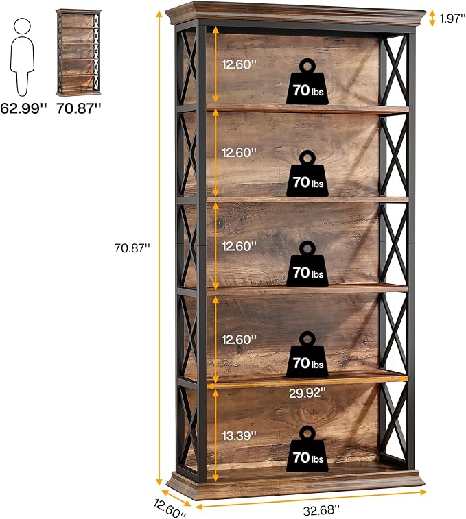 Tribesigns 6-Tier Bookcase, 71 Inches Industrial Bookshelves and Bookcase | - Image 2