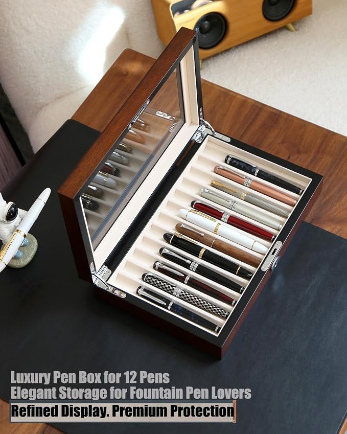 Wooden Pen Display Case – 12 Slot Lockable Fountain Pen Storage Box, Gift - Image 2