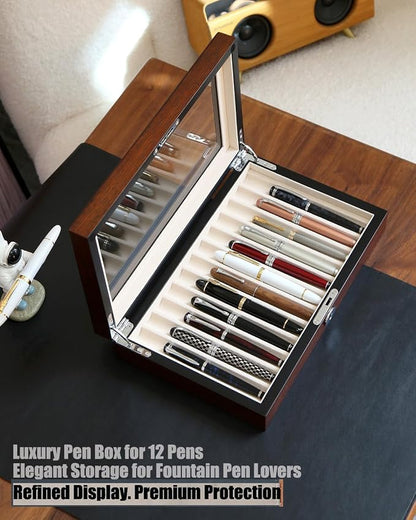 Wooden Pen Display Case – 12 Slot Lockable Fountain Pen Storage Box, Gift - Image 2