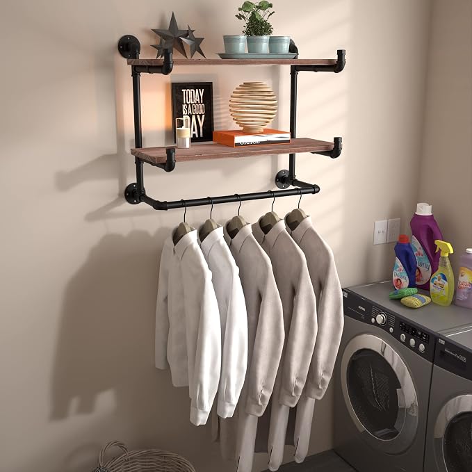 30in Industrial Pipe Clothing Rack, 2-Tier Wall Mounted Clothes Rack, Pipe - Image 5