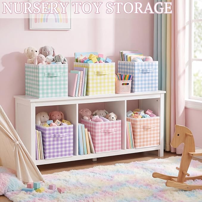 Yalikop 6 Pcs Colorful Gingham Cube Storage Bins, 11 Inch Fabric Checkered - Image 4