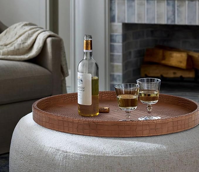 HofferRuffer Round Serving Tray 20'', Elegant Faux Leather Circle Ottoman Table - Image 6