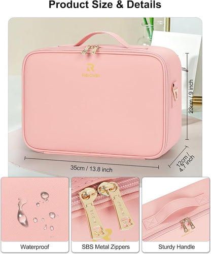 Relavel Travel Makeup Bag With LED Mirror, Portable Pink Cosmetic Case | - Image 3