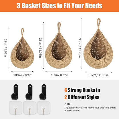 Hanging Fruit Baskets for Kitchen, 3 Pack Boho Hanging Wall Basket - Image 6