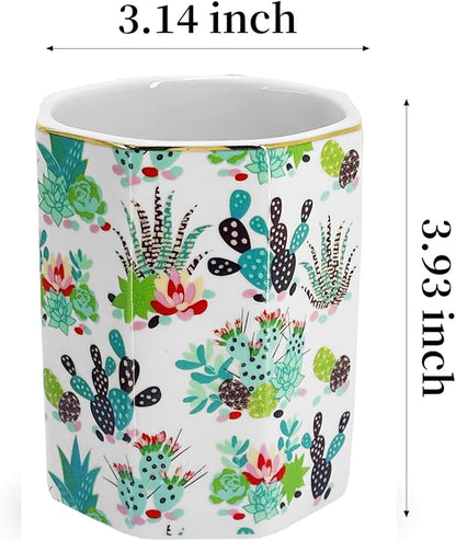 Pen Holder, Makeup Brush Holder Ceramic Shiny Gold Tropical Cactus Floral - Image 3
