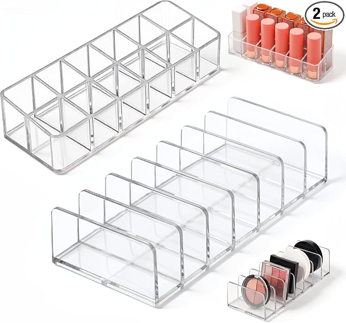 2-Pack Acrylic Makeup Organizer, 12-Slot Lipstick Holder and 7-Slot Eyeshadow by ZJO