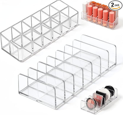 2-Pack Acrylic Makeup Organizer, 12-Slot Lipstick Holder and 7-Slot Eyeshadow by ZJO