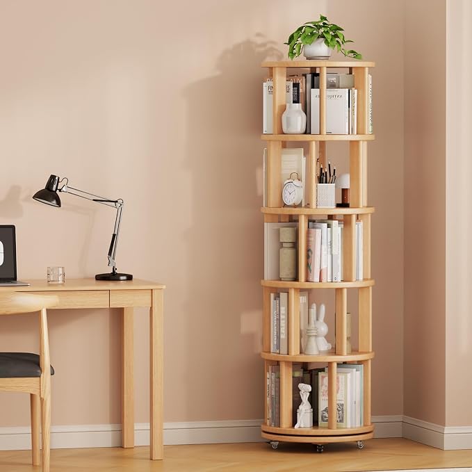 Solid Wood Rotating Bookshelf on Wheels, 5 Tier, Round Revolving Bookcase - Image 9