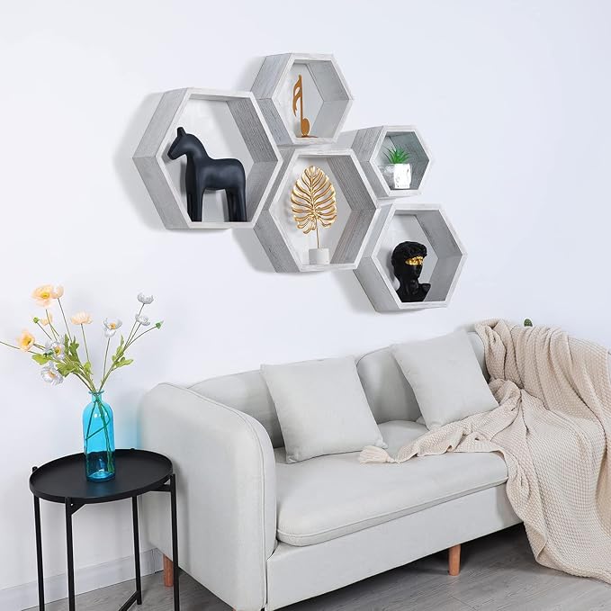 Hexagon Shelves, Floating Wall Shelf, Honeycomb Octagon Cube Shelves Wood | - Image 2