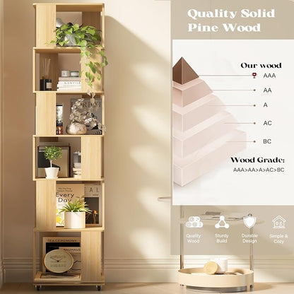 6 Tier Solid Wood Rotating Bookshelf Tower on Wheels, 360° Upgrade Spinning - Image 4