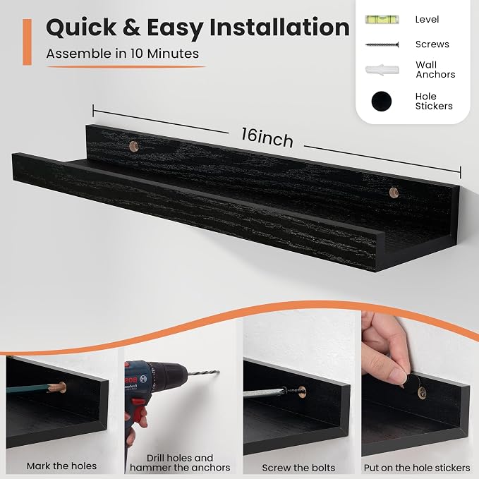 Fun Memories Picture Ledge Shelf, 16 Inch Long Floating Shelves Set of 6 - Image 3