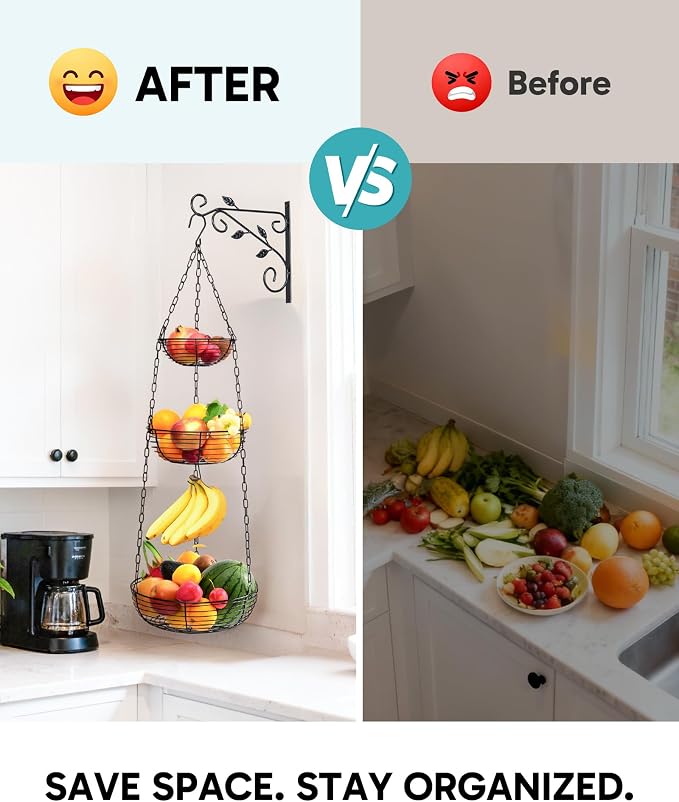 Hanging Fruit Basket for Kitchen, 3-Tier Hanging Fruit Basket | Easy - Image 7