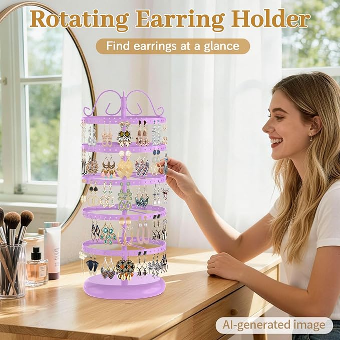 MODOWEY Rotating Earring Holder Organizer Stand, 5 Tiers Metal Tree, - Image 2