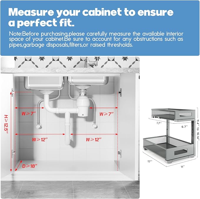 2 Pack 17IN Depth Under Sink Storage Organizer, Large 2-Tier Elegant Mesh Pull - Image 2