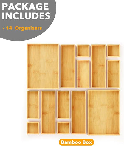 SpaceAid 14-Piece Bamboo Drawer Organizer Storage Boxes Set, Wood Tray Junk - Image 6