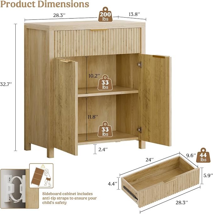 Lulive Fluted Buffet Cabinet for Kitchen, 28.3" Sideboard Cabinet Natural | - Image 2