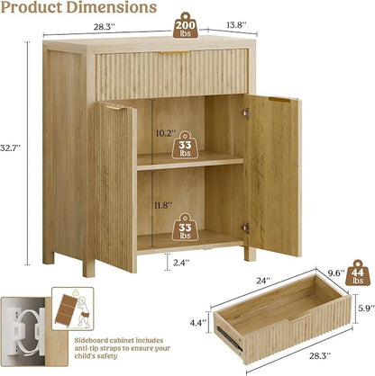 Lulive Fluted Buffet Cabinet for Kitchen, 28.3" Sideboard Cabinet Natural | - Image 2