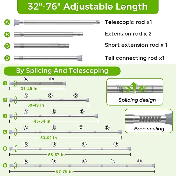 Silver Shower Curtain Rod 32 to 76 Inches Adjustable, 7/8 Inch Diameter Heavy - Image 7