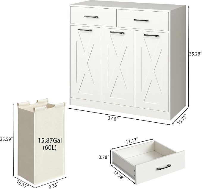 Herture Laundry Hamper Cabinet, Laundry Basket 3 Section - Image 6