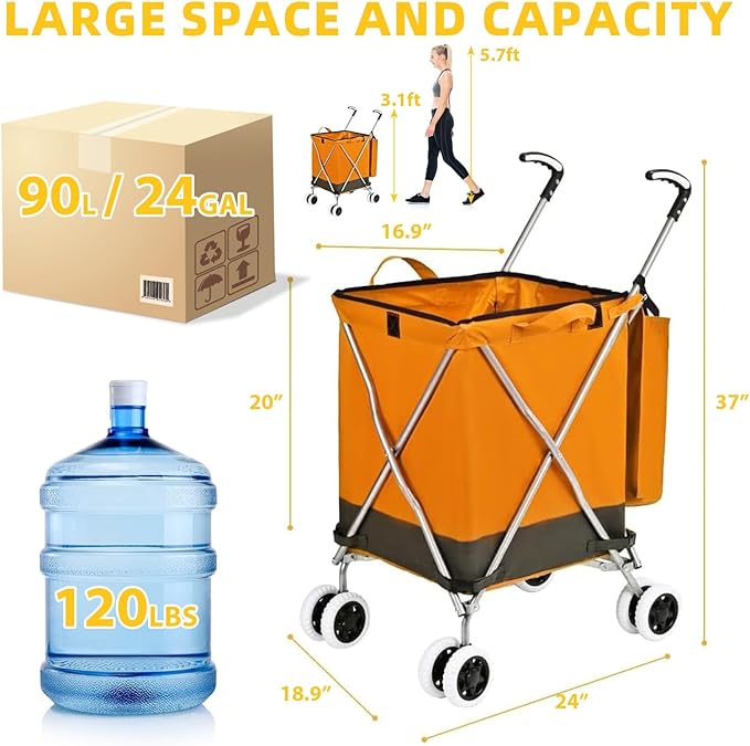 Folding Shopping Cart for Groceries, Water-Resistant Heavy-Duty Canvas Trolley - Image 5