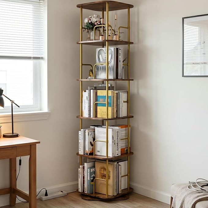 Lauxery 5 Tier Wooden Rotating Bookshelf, Metal Frame, 64 in Tall | 1000lbs by Lauxery