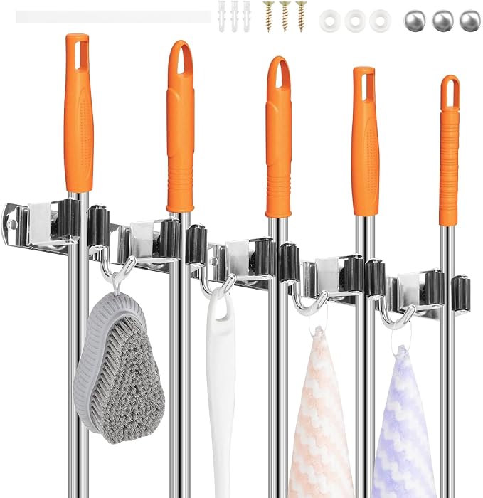 2 Pack Broom Holder Wall Mount 5 Racks 4 Hooks Stainless Steel Broom Mop Holder - Image 9