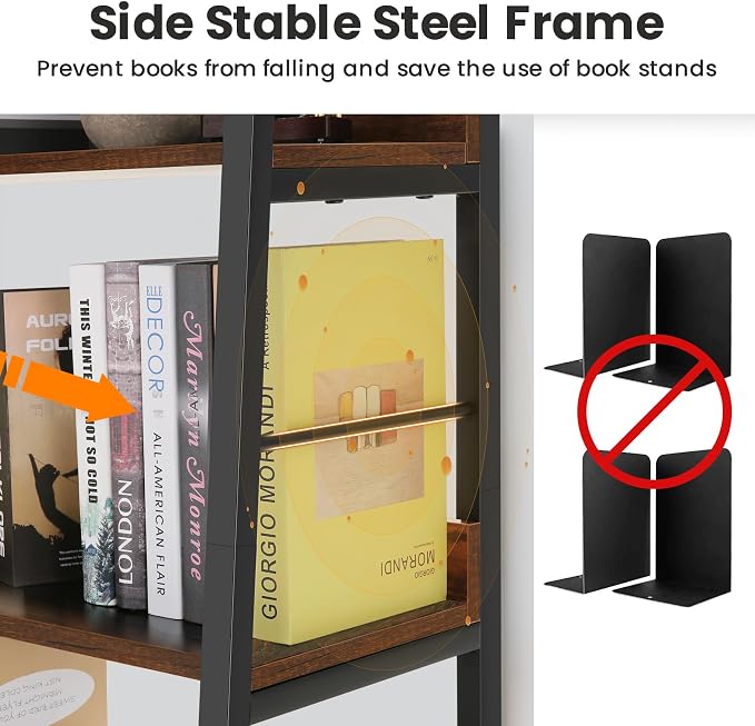 Himimi Industrial Bookshelf 5-Tier, Home Office Bookcase Ladder Shelf, - Image 6