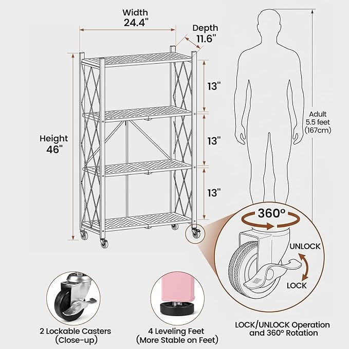 ALANNG 4 Tier Folding Storage Shelf on Wheels, Heavy Duty Metal Rolling Cart | - Image 2