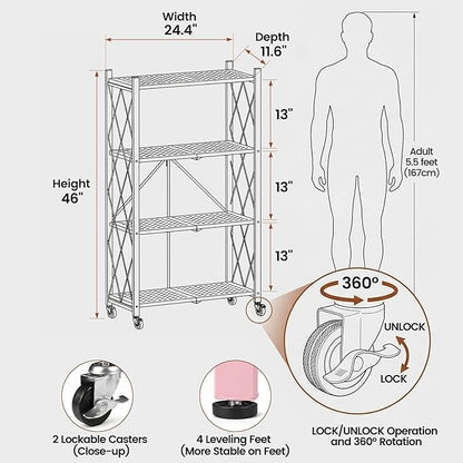 ALANNG 4 Tier Folding Storage Shelf on Wheels, Heavy Duty Metal Rolling Cart | - Image 2