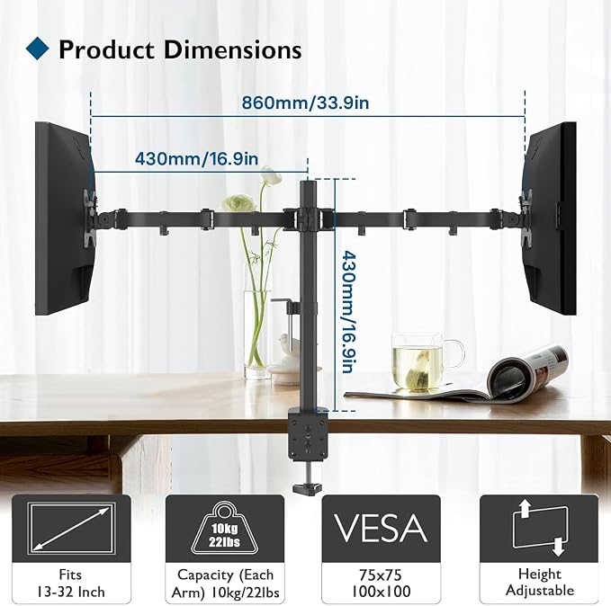 BONTEC Dual Monitor Desk Mount, Full Motion Adjustable Monitor Stand - Image 3