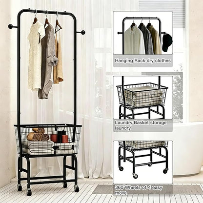 Rolling Laundry Cart with Hanging Rack Metal Laundry Basket with Wheels Laundry - Image 4