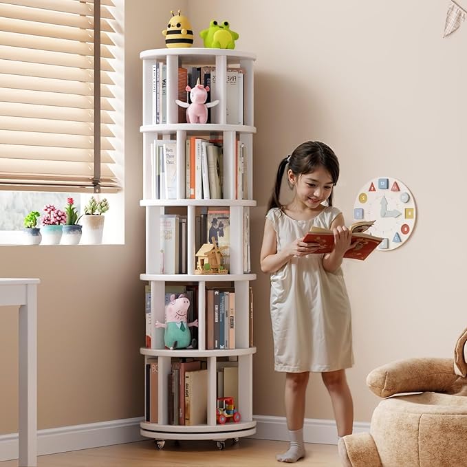 Solid Wood Rotating Bookshelf on Wheels, 5 Tier, Round Revolving Bookcase - Image 3