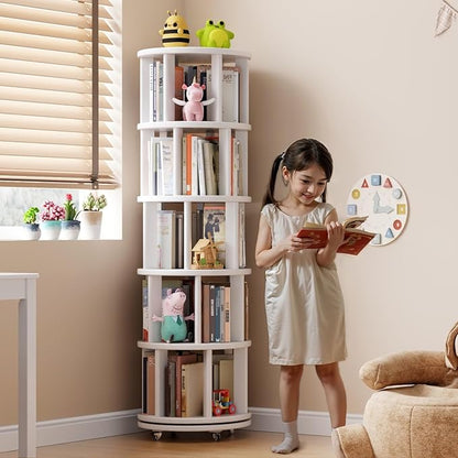 Solid Wood Rotating Bookshelf on Wheels, 5 Tier, Round Revolving Bookcase - Image 3