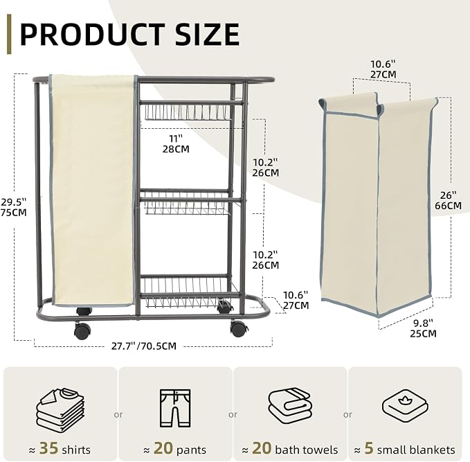 Rolling Laundry Basket with 3 Storage Baskets and 45 L Bag, Heavy Duty Laundry - Image 3