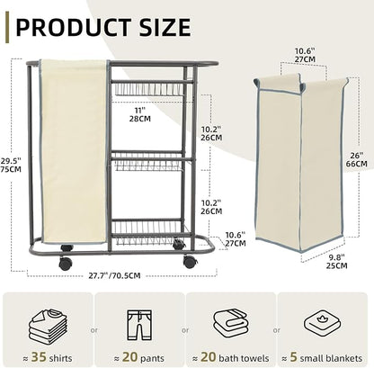 Rolling Laundry Basket with 3 Storage Baskets and 45 L Bag, Heavy Duty Laundry - Image 3