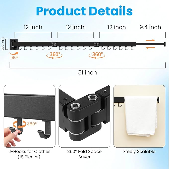Clothes Drying Rack Wall Mounted, Retractable Collapsible Space Saver - Image 3
